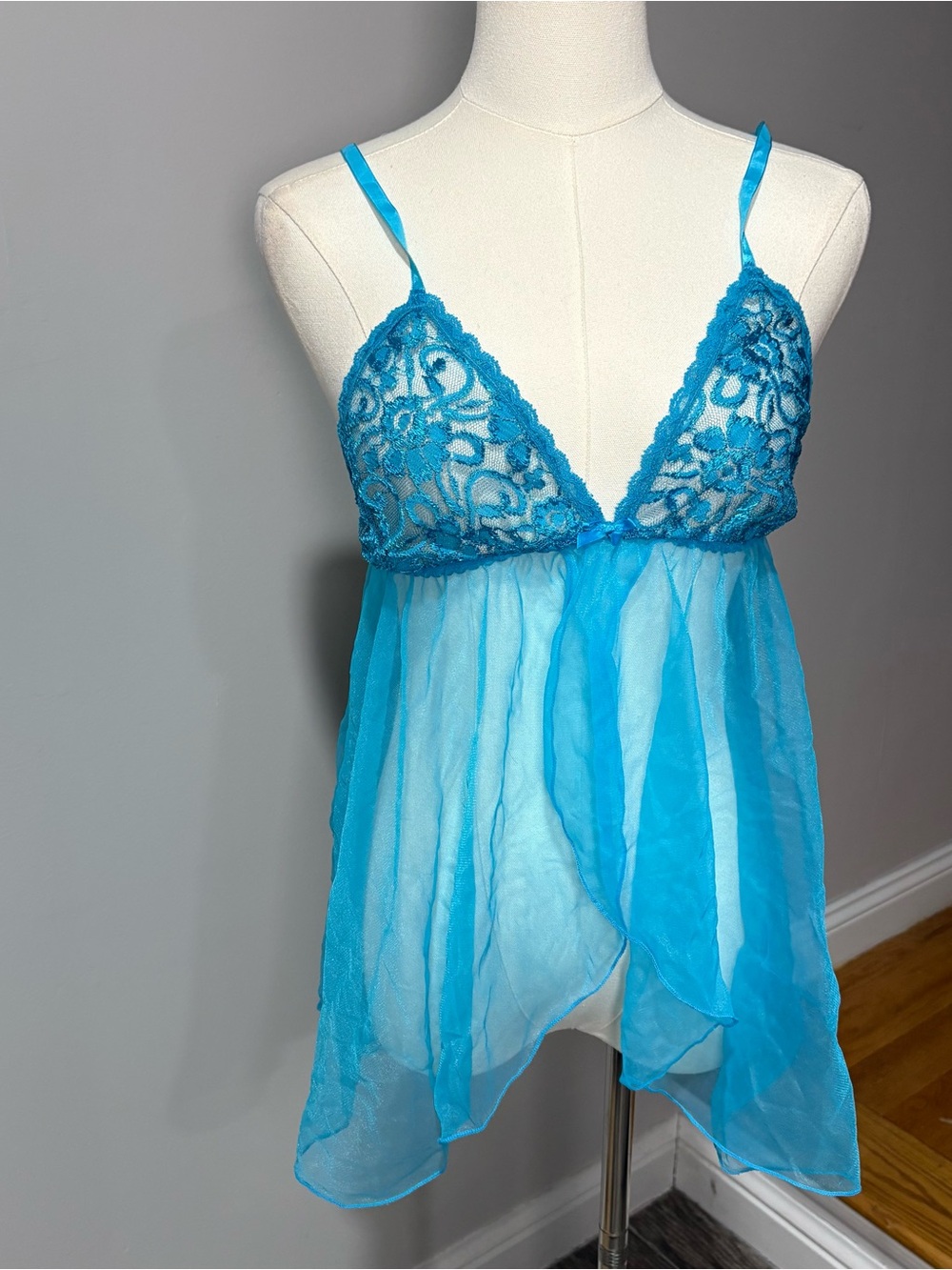 Y2K Sheer Lingerie Lace Babydoll Nightgown Top Women's XS/ S Teal Sexy Fairy